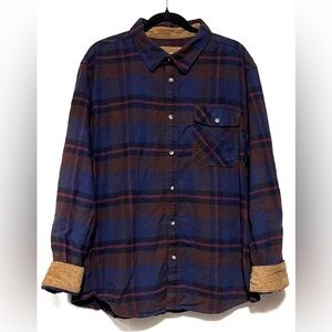 Cotton Plaid Flannel Button Up Shirt w/ Corduroy Cuffs Fall Casual Winter Layer